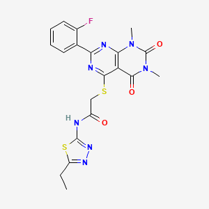 molecular formula C20H18FN7O3S2 B2582227 N-(5-ethyl-1,3,4-thiadiazol-2-yl)-2-((2-(2-fluorophenyl)-6,8-dimethyl-5,7-dioxo-5,6,7,8-tetrahydropyrimido[4,5-d]pyrimidin-4-yl)thio)acetamide CAS No. 893914-63-1