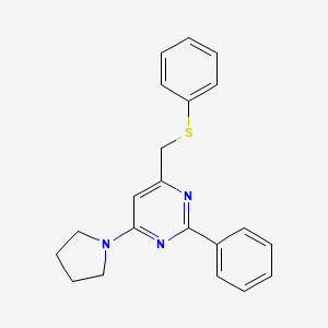 molecular formula C21H21N3S B2582245 2-Phenyl-4-[(phenylsulfanyl)methyl]-6-(1-pyrrolidinyl)pyrimidine CAS No. 303147-73-1