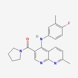 molecular formula C21H21FN4O B2582283 (4-((4-Fluoro-3-methylphenyl)amino)-7-methyl-1,8-naphthyridin-3-yl)(pyrrolidin-1-yl)methanone CAS No. 1251599-11-7