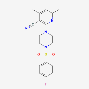 molecular formula C18H19FN4O2S B2582294 2-{4-[(4-氟苯基)磺酰基]哌嗪）-4,6-二甲基烟酰腈 CAS No. 478081-73-1