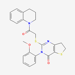 molecular formula C24H23N3O3S2 B2582317 3-(2-methoxyphenyl)-2-{[2-oxo-2-(1,2,3,4-tetrahydroquinolin-1-yl)ethyl]sulfanyl}-3H,4H,6H,7H-thieno[3,2-d]pyrimidin-4-one CAS No. 362501-74-4