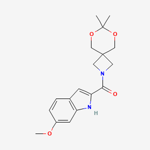 molecular formula C18H22N2O4 B2582348 (7,7-二甲基-6,8-二氧杂-2-氮杂螺[3.5]壬烷-2-基)(6-甲氧基-1H-吲哚-2-基)甲酮 CAS No. 1396889-04-5