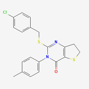 molecular formula C20H17ClN2OS2 B2582410 2-[(4-Chlorophenyl)methylsulfanyl]-3-(4-methylphenyl)-6,7-dihydrothieno[3,2-d]pyrimidin-4-one CAS No. 686771-96-0