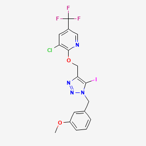 molecular formula C17H13ClF3IN4O2 B2582522 3-氯-2-({5-碘-1-[(3-甲氧基苯基)甲基]-1H-1,2,3-三唑-4-基}甲氧基)-5-(三氟甲基)吡啶 CAS No. 2085690-07-7
