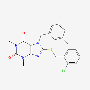 molecular formula C22H21ClN4O2S B2582530 8-[(2-Chlorophenyl)methylsulfanyl]-1,3-dimethyl-7-[(3-methylphenyl)methyl]purine-2,6-dione CAS No. 377062-00-5