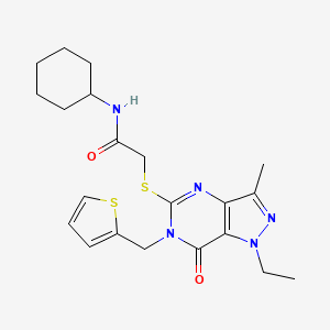 molecular formula C21H27N5O2S2 B2582540 N-cyclohexyl-2-((1-ethyl-3-methyl-7-oxo-6-(thiophen-2-ylmethyl)-6,7-dihydro-1H-pyrazolo[4,3-d]pyrimidin-5-yl)thio)acetamide CAS No. 1358375-16-2