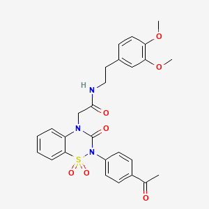 molecular formula C27H27N3O7S B2582552 2-(2-(4-アセチルフェニル)-1,1-ジオキシド-3-オキソ-2H-ベンゾ[e][1,2,4]チアジアジン-4(3H)-イル)-N-(3,4-ジメトキシフェネチル)アセトアミド CAS No. 887213-94-7