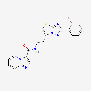 molecular formula C21H17FN6OS B2582623 N-(2-(2-(2-fluorophenyl)thiazolo[3,2-b][1,2,4]triazol-6-yl)ethyl)-2-methylimidazo[1,2-a]pyridine-3-carboxamide CAS No. 1209647-30-2