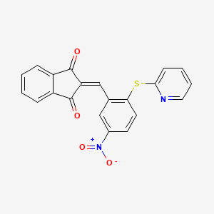 molecular formula C21H12N2O4S B2582629 2-((5-Nitro-2-(2-pyridylthio)phenyl)methylene)indane-1,3-dione CAS No. 1023540-07-9