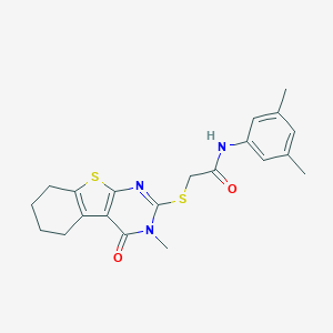 molecular formula C21H23N3O2S2 B258275 N-(3,5-dimethylphenyl)-2-[(3-methyl-4-oxo-3,4,5,6,7,8-hexahydro[1]benzothieno[2,3-d]pyrimidin-2-yl)sulfanyl]acetamide 