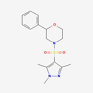 molecular formula C16H21N3O3S B2582775 2-苯基-4-((1,3,5-三甲基-1H-吡唑-4-基)磺酰基)吗啉 CAS No. 1448059-24-2