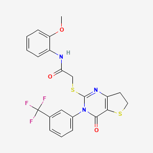 molecular formula C22H18F3N3O3S2 B2582799 N-(2-甲氧基苯基)-2-((4-氧代-3-(3-(三氟甲基)苯基)-3,4,6,7-四氢噻吩并[3,2-d]嘧啶-2-基)硫代)乙酰胺 CAS No. 877654-20-1