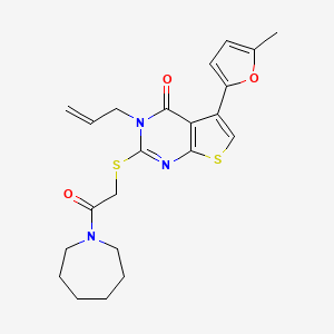 molecular formula C22H25N3O3S2 B2582818 2-[2-(Azepan-1-yl)-2-oxoethyl]sulfanyl-5-(5-methylfuran-2-yl)-3-prop-2-enylthieno[2,3-d]pyrimidin-4-one CAS No. 667912-90-5