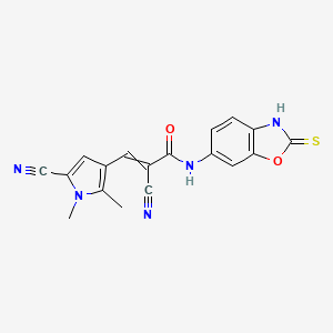 molecular formula C18H13N5O2S B2582841 2-氰基-3-(5-氰基-1,2-二甲基-1H-吡咯-3-基)-N-(2-硫代-1,3-苯并恶唑-6-基)丙-2-烯酰胺 CAS No. 1808877-89-5