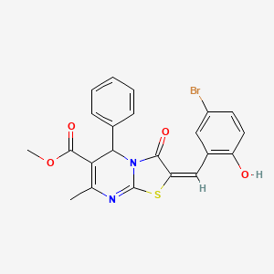molecular formula C22H17BrN2O4S B2582933 (E)-methyl 2-(5-bromo-2-hydroxybenzylidene)-7-methyl-3-oxo-5-phenyl-3,5-dihydro-2H-thiazolo[3,2-a]pyrimidine-6-carboxylate CAS No. 358353-30-7
