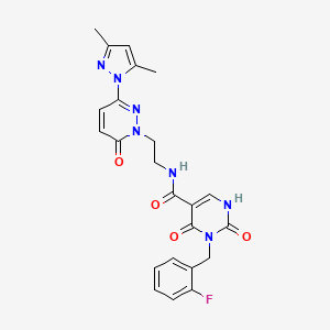 molecular formula C23H22FN7O4 B2583003 N-(2-(3-(3,5-dimethyl-1H-pyrazol-1-yl)-6-oxopyridazin-1(6H)-yl)ethyl)-3-(2-fluorobenzyl)-2,4-dioxo-1,2,3,4-tetrahydropyrimidine-5-carboxamide CAS No. 1396784-74-9