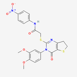molecular formula C22H20N4O6S2 B2583146 2-((3-(3,4-dimethoxyphenyl)-4-oxo-3,4,6,7-tetrahydrothieno[3,2-d]pyrimidin-2-yl)thio)-N-(4-nitrophenyl)acetamide CAS No. 877655-95-3