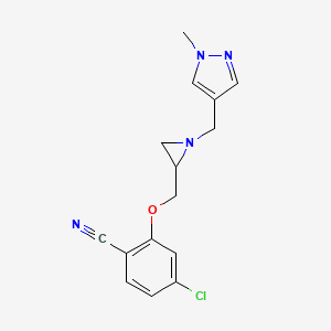 molecular formula C15H15ClN4O B2583191 4-Chloro-2-[[1-[(1-methylpyrazol-4-yl)methyl]aziridin-2-yl]methoxy]benzonitrile CAS No. 2411264-46-3