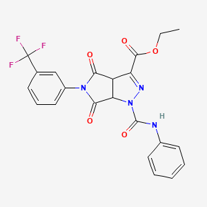 molecular formula C22H17F3N4O5 B2583289 Ethyl 1-(anilinocarbonyl)-4,6-dioxo-5-[3-(trifluoromethyl)phenyl]-1,3a,4,5,6,6a-hexahydropyrrolo[3,4-c]pyrazole-3-carboxylate CAS No. 318237-86-4