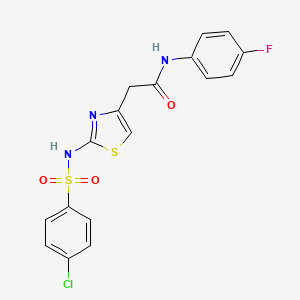 molecular formula C17H13ClFN3O3S2 B2583302 2-(2-(4-chlorophenylsulfonamido)thiazol-4-yl)-N-(4-fluorophenyl)acetamide CAS No. 922099-76-1