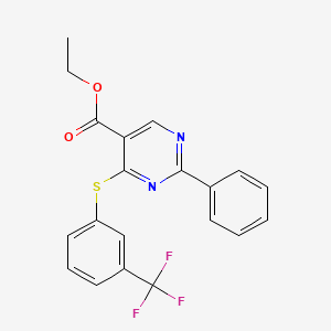 molecular formula C20H15F3N2O2S B2583314 Ethyl 2-phenyl-4-{[3-(trifluoromethyl)phenyl]sulfanyl}-5-pyrimidinecarboxylate CAS No. 477854-56-1