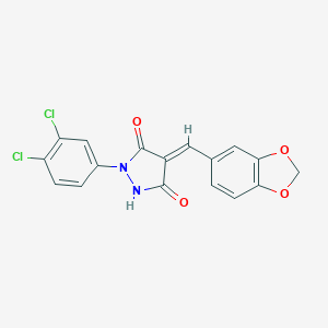 molecular formula C17H10Cl2N2O4 B258347 (4E)-4-(1,3-benzodioxol-5-ylmethylidene)-1-(3,4-dichlorophenyl)pyrazolidine-3,5-dione 