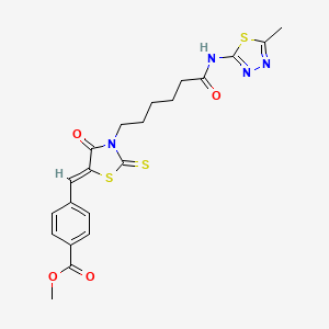 molecular formula C21H22N4O4S3 B2583498 (Z)-methyl 4-((3-(6-((5-methyl-1,3,4-thiadiazol-2-yl)amino)-6-oxohexyl)-4-oxo-2-thioxothiazolidin-5-ylidene)methyl)benzoate CAS No. 613225-64-2