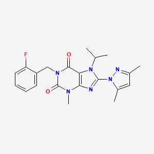 molecular formula C21H23FN6O2 B2583521 8-(3,5-Dimethylpyrazolyl)-1-[(2-fluorophenyl)methyl]-3-methyl-7-(methylethyl)-1,3,7-trihydropurine-2,6-dione CAS No. 1013989-91-7
