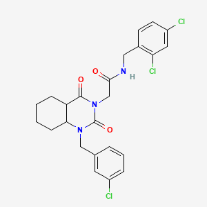 molecular formula C24H18Cl3N3O3 B2583573 2-{1-[(3-chlorophenyl)methyl]-2,4-dioxo-1,2,3,4-tetrahydroquinazolin-3-yl}-N-[(2,4-dichlorophenyl)methyl]acetamide CAS No. 2380185-66-8