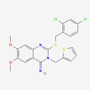 molecular formula C22H19Cl2N3O2S2 B2583580 2-[(2,4-Dichlorophenyl)methylthio]-6,7-dimethoxy-3-(thiophen-2-ylmethyl)-4-quinazolinimine CAS No. 478249-60-4