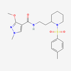 molecular formula C20H28N4O4S B2583583 3-甲氧基-1-甲基-N-(2-(1-甲苯磺酰哌啶-2-基)乙基)-1H-吡唑-4-甲酰胺 CAS No. 1209828-24-9