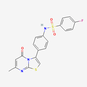 molecular formula C19H14FN3O3S2 B2583593 4-fluoro-N-(4-(7-methyl-5-oxo-5H-thiazolo[3,2-a]pyrimidin-3-yl)phenyl)benzenesulfonamide CAS No. 1172778-21-0