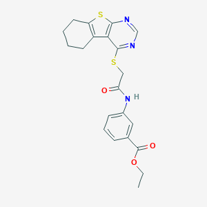 molecular formula C21H21N3O3S2 B258366 Ethyl 3-[[2-(5,6,7,8-tetrahydro-[1]benzothiolo[2,3-d]pyrimidin-4-ylsulfanyl)acetyl]amino]benzoate 