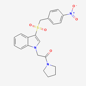molecular formula C21H21N3O5S B2583730 2-(3-((4-硝基苯甲)磺酰基)-1H-吲哚-1-基)-1-(吡咯烷-1-基)乙酮 CAS No. 894007-85-3