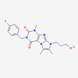 molecular formula C20H22FN5O3 B2583747 2-[(4-Fluorophenyl)methyl]-6-(3-hydroxypropyl)-4,7,8-trimethylpurino[7,8-a]imidazole-1,3-dione CAS No. 919009-85-1