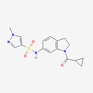 molecular formula C16H18N4O3S B2583770 N-(1-(cyclopropanecarbonyl)indolin-6-yl)-1-methyl-1H-pyrazole-4-sulfonamide CAS No. 1448075-98-6