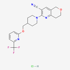 molecular formula C21H22ClF3N4O2 B2583846 2-[4-[[6-(Trifluoromethyl)pyridin-2-yl]oxymethyl]piperidin-1-yl]-7,8-dihydro-5H-pyrano[4,3-b]pyridine-3-carbonitrile;hydrochloride CAS No. 2379984-46-8
