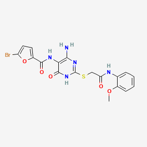molecular formula C18H16BrN5O5S B2583864 N-(4-amino-2-((2-((2-methoxyphenyl)amino)-2-oxoethyl)thio)-6-oxo-1,6-dihydropyrimidin-5-yl)-5-bromofuran-2-carboxamide CAS No. 888428-10-2