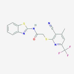 molecular formula C17H11F3N4OS2 B258387 N-(1,3-benzothiazol-2-yl)-2-{[3-cyano-4-methyl-6-(trifluoromethyl)-2-pyridinyl]sulfanyl}acetamide 