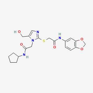 molecular formula C20H24N4O5S B2583936 N-(benzo[d][1,3]dioxol-5-yl)-2-((1-(2-(cyclopentylamino)-2-oxoethyl)-5-(hydroxymethyl)-1H-imidazol-2-yl)thio)acetamide CAS No. 921885-28-1