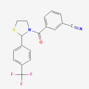 molecular formula C18H13F3N2OS B2583949 3-(2-(4-(三氟甲基)苯基)噻唑烷-3-羰基)苯甲腈 CAS No. 2034286-88-7