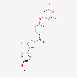 molecular formula C23H26N2O6 B2583965 1-(4-methoxyphenyl)-4-(4-((6-methyl-2-oxo-2H-pyran-4-yl)oxy)piperidine-1-carbonyl)pyrrolidin-2-one CAS No. 1795481-06-9