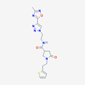 molecular formula C18H21N7O3S B2583967 N-(2-(4-(3-methyl-1,2,4-oxadiazol-5-yl)-1H-1,2,3-triazol-1-yl)ethyl)-5-oxo-1-(2-(thiophen-2-yl)ethyl)pyrrolidine-3-carboxamide CAS No. 2034599-26-1