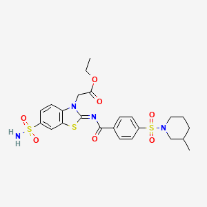 molecular formula C24H28N4O7S3 B2584109 2-[2-[4-(3-メチルピペリジン-1-イル)スルホニルベンゾイル]イミノ-6-スルファモイル-1,3-ベンゾチアゾール-3-イル]酢酸エチル CAS No. 865248-07-3