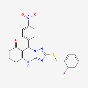 molecular formula C22H18FN5O3S B2584149 2-[(2-fluorobenzyl)thio]-9-(4-nitrophenyl)-5,6,7,9-tetrahydro[1,2,4]triazolo[5,1-b]quinazolin-8(4H)-one CAS No. 536981-94-9