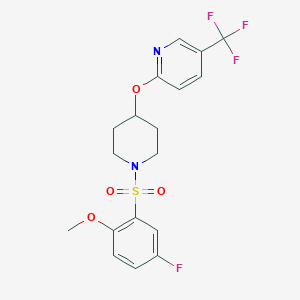 molecular formula C18H18F4N2O4S B2584222 2-((1-((5-氟-2-甲氧基苯基)磺酰基)哌啶-4-基)氧基)-5-(三氟甲基)吡啶 CAS No. 1421513-21-4