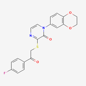 molecular formula C20H15FN2O4S B2584232 1-(2,3-dihydrobenzo[b][1,4]dioxin-6-yl)-3-((2-(4-fluorophenyl)-2-oxoethyl)thio)pyrazin-2(1H)-one CAS No. 923681-55-4