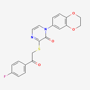 molecular formula C20H15FN2O4S B2584232 1-(2,3-dihydro-1,4-benzodioxin-6-yl)-3-{[2-(4-fluorophenyl)-2-oxoethyl]sulfanyl}-1,2-dihydropyrazin-2-one CAS No. 923681-55-4