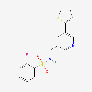 molecular formula C16H13FN2O2S2 B2584262 2-fluoro-N-((5-(thiophen-2-yl)pyridin-3-yl)methyl)benzenesulfonamide CAS No. 2034487-44-8