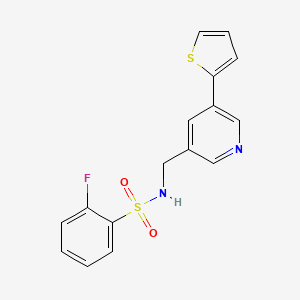 molecular formula C16H13FN2O2S2 B2584262 2-フルオロ-N-((5-(チオフェン-2-イル)ピリジン-3-イル)メチル)ベンゼンスルホンアミド CAS No. 2034487-44-8